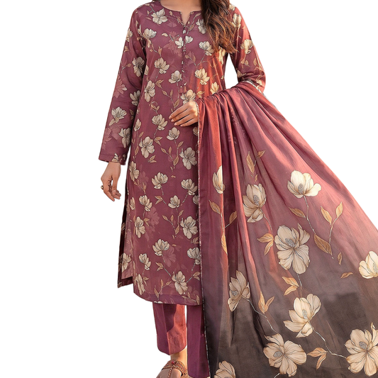 Seamless Elegance | Plum & Cream Allover Print 3-PC | Premium Lawn & Bamber Dupatta - Design 10