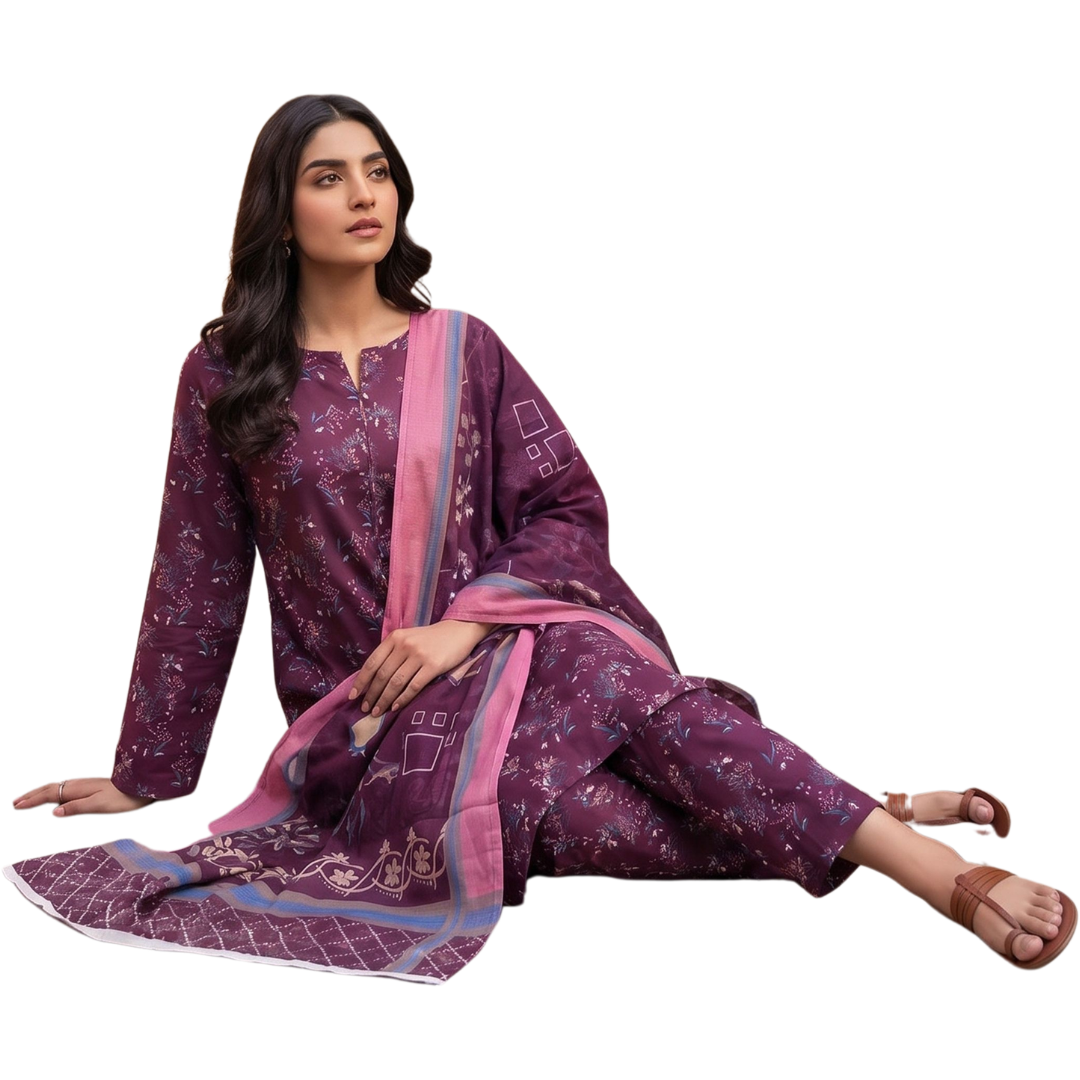 Deep Plum Floral Digital Allover Print Lawn Suite 3pc desighn 08