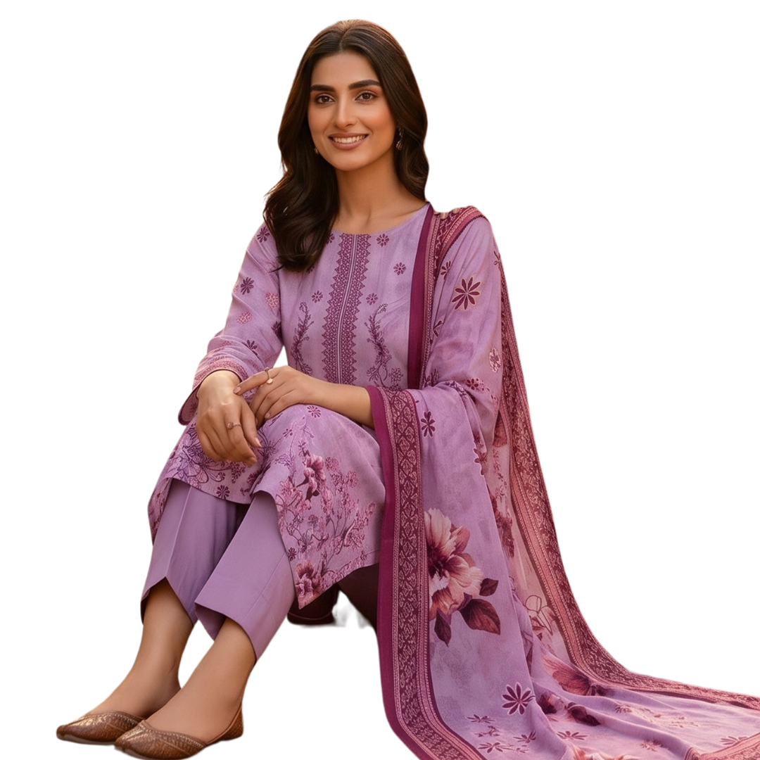 Artisanal Threads: Radiant Plum Embroidered Premium Lawn Suite (Vol. 622)