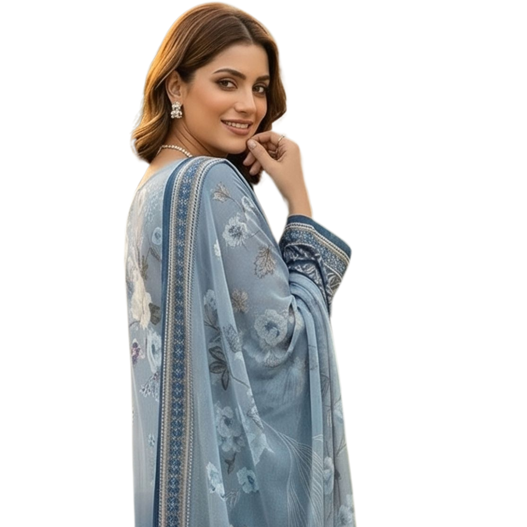 Bold & Textured | Blue Ombre Premium Lawn 3-PC | Digital Bold Print - Design 01