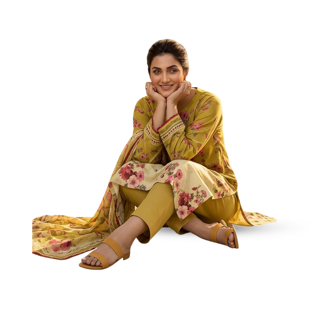 Bold & Textured | Olive & Ochre Premium Lawn 3-PC | Digital Bold Print - Design 05