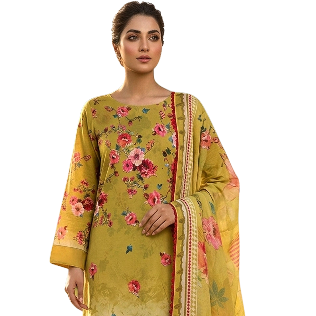 Bold & Textured | Olive & Ochre Premium Lawn 3-PC | Digital Bold Print - Design 05