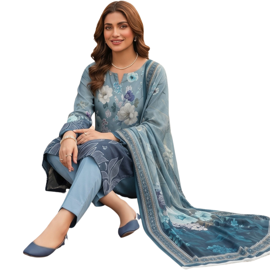 Bold & Textured | Blue Ombre Premium Lawn 3-PC | Digital Bold Print - Design 01
