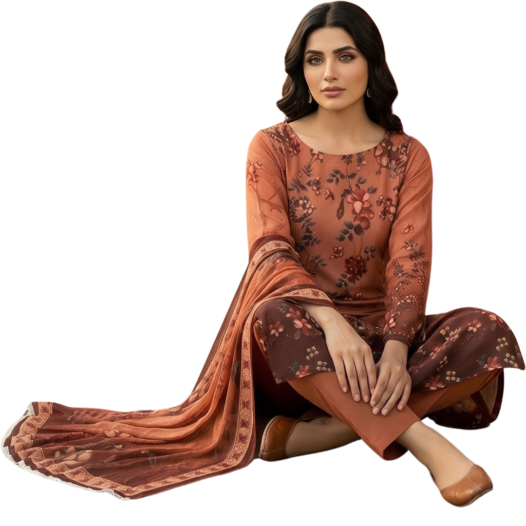 Bold & Textured | Terracotta Ombre Premium Lawn 3-PC | Digital Bold Print - Design 02