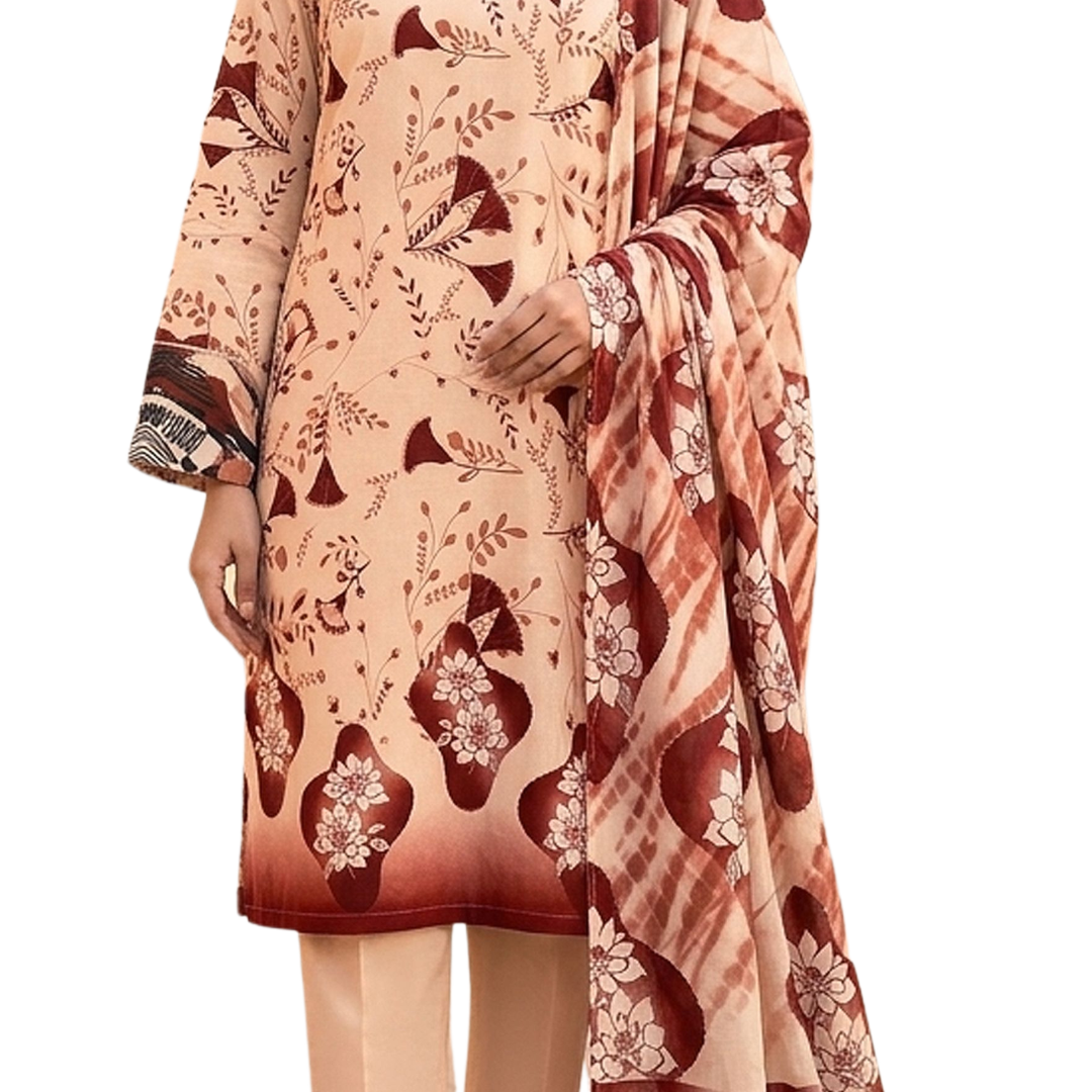 Bold & Textured | Terracotta & Chocolate Premium Lawn 3-PC | Digital Bold Print - Design 06
