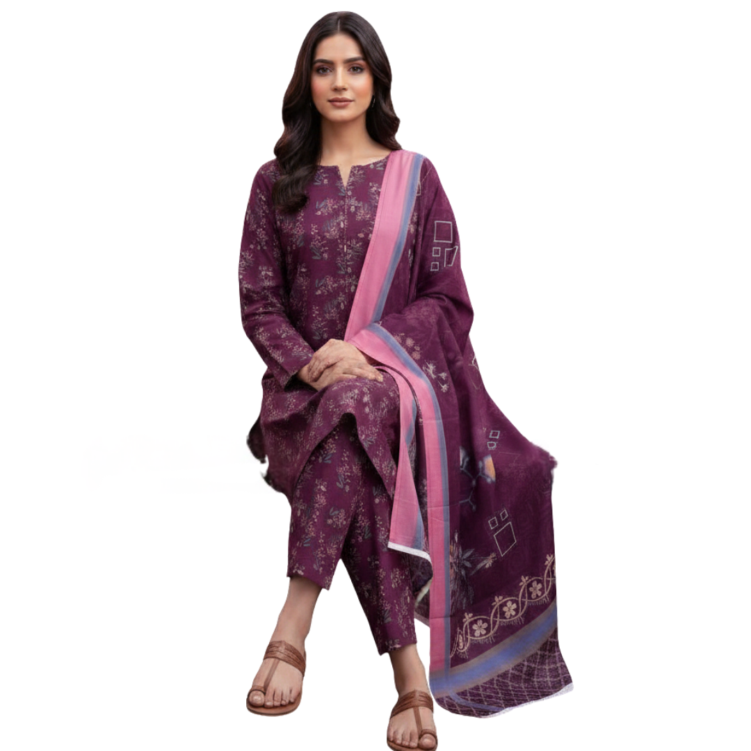 Deep Plum Floral Digital Allover Print Lawn Suite 3pc desighn 08