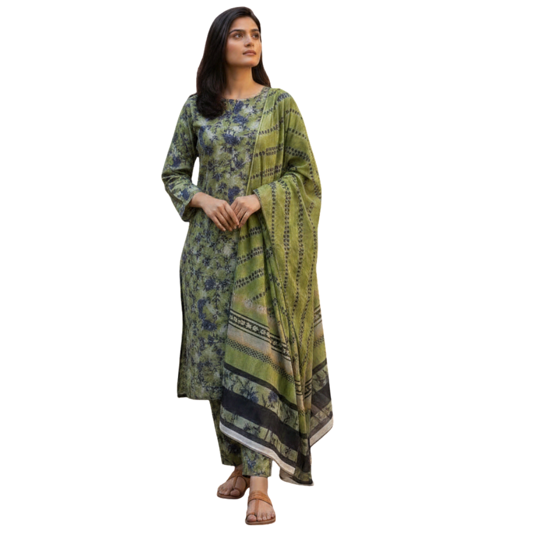 Moss Green & Indigo Floral Digital Allover Print Lawn 3pc suit Desighn 07