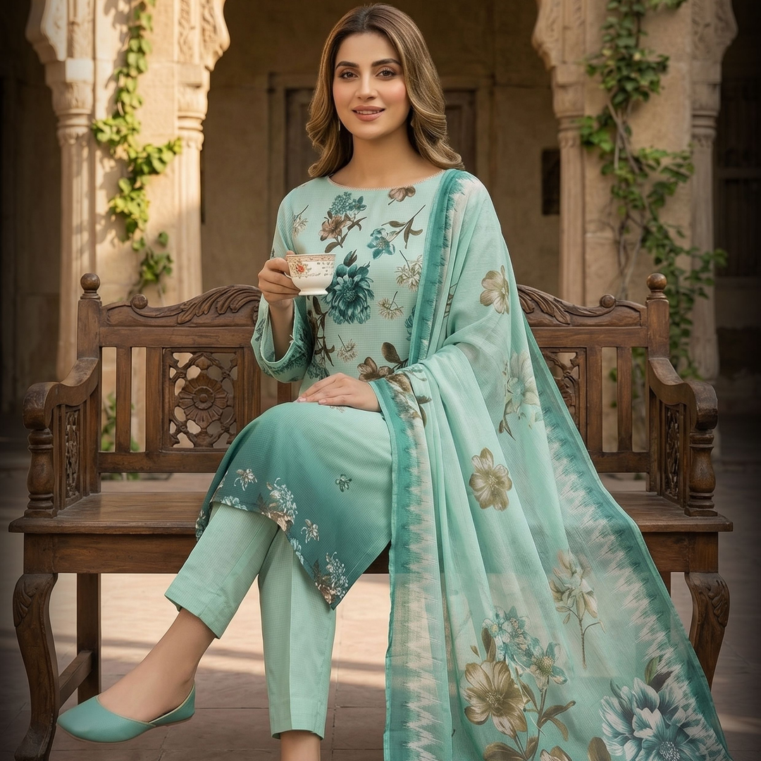 Bold & Textured | Seafoam & Forest Ombre Premium Lawn 3-PC | Digital Bold Print - Design 08