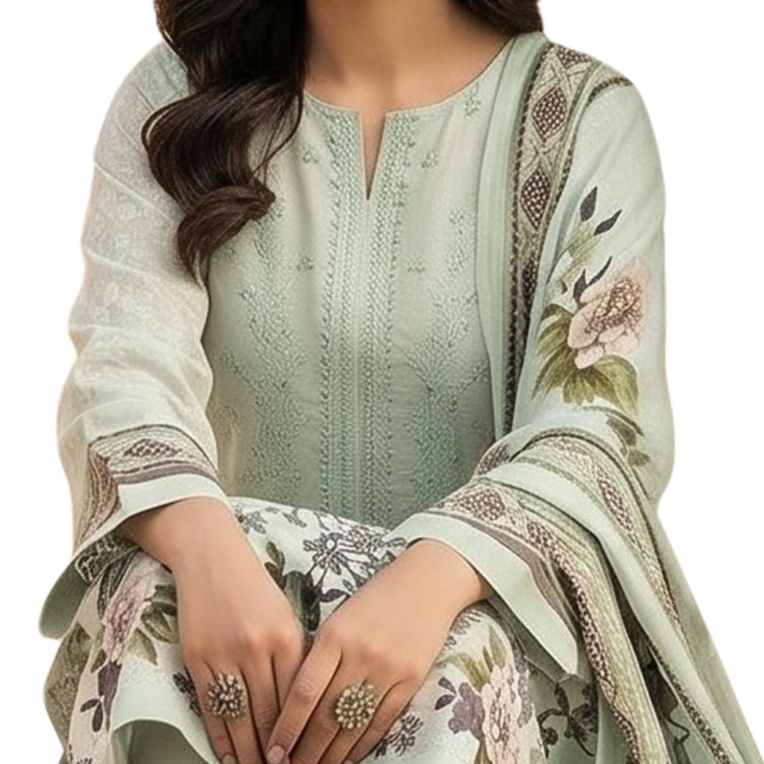 Artisanal Threads: Botanical Sage Embroidered Premium Lawn Suite (Vol. 622)