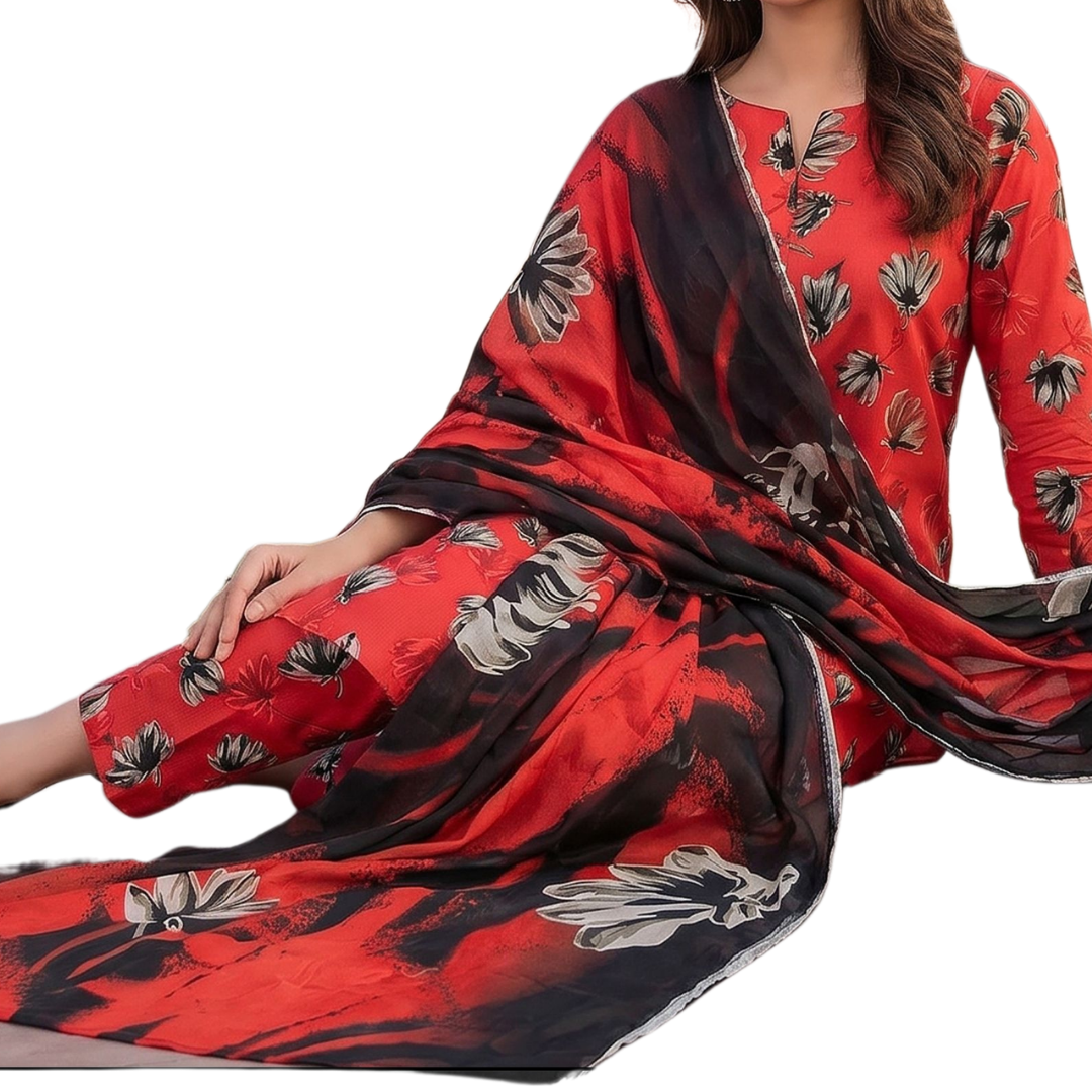 Seamless Elegance: Red & Black Floral Allover Print Premium Lawn (Vol. 636) Design 06