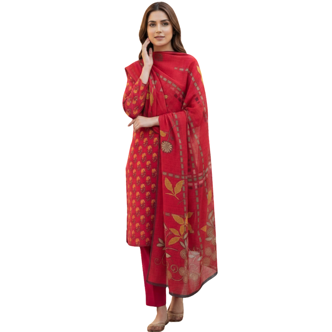 Crimson Red Digital Print Premium Lawn Suite 3pc Desighn 06
