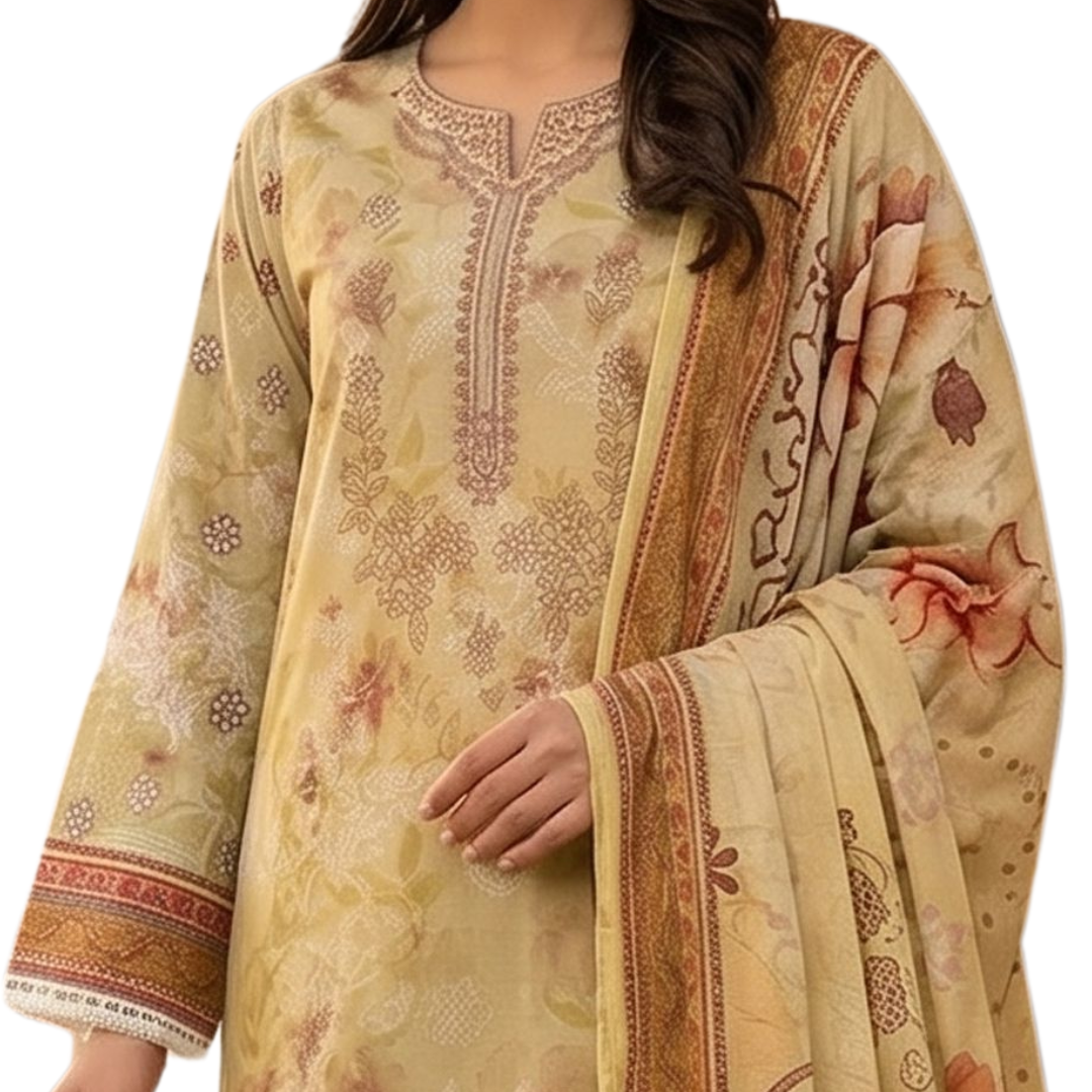 Artisanal Threads | Mustard Premium Lawn 3-PC | Digital Print & Embroidered Neckline - Desi 622gn 04