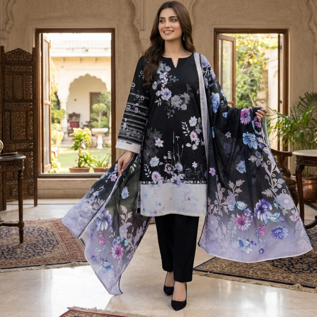 Bold & Textured: The Luxe Statement | Premium Digital Print Lawn – Vol 641 (Design 03)