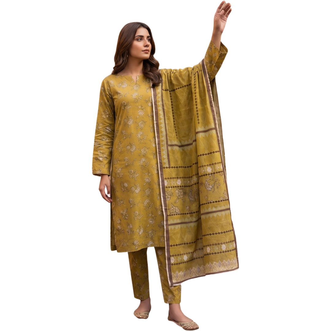 Mustard Vintage Floral Digital Allover Print Lawn - Vol 630 | Design 04