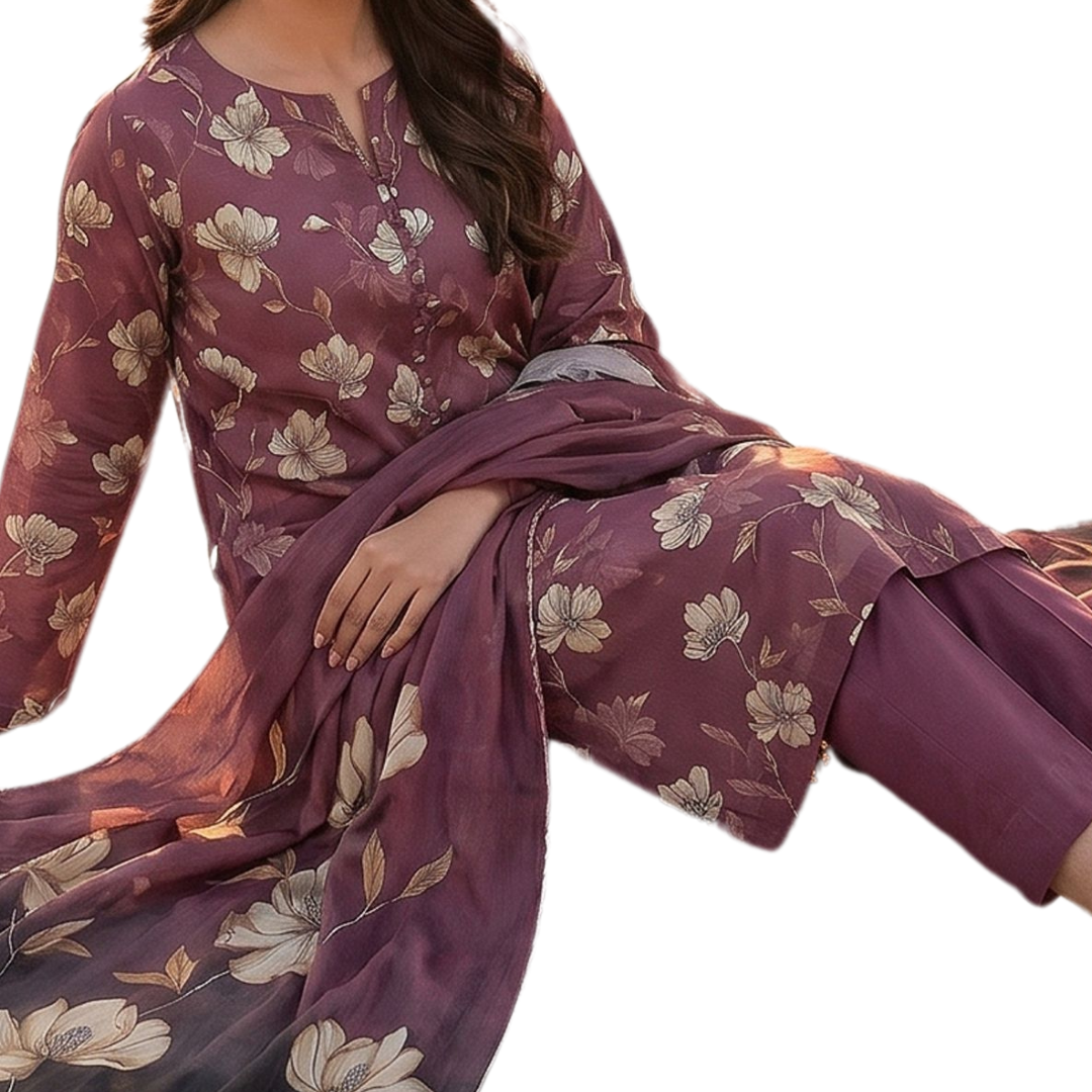 Seamless Elegance | Plum & Cream Allover Print 3-PC | Premium Lawn & Bamber Dupatta - Design 10