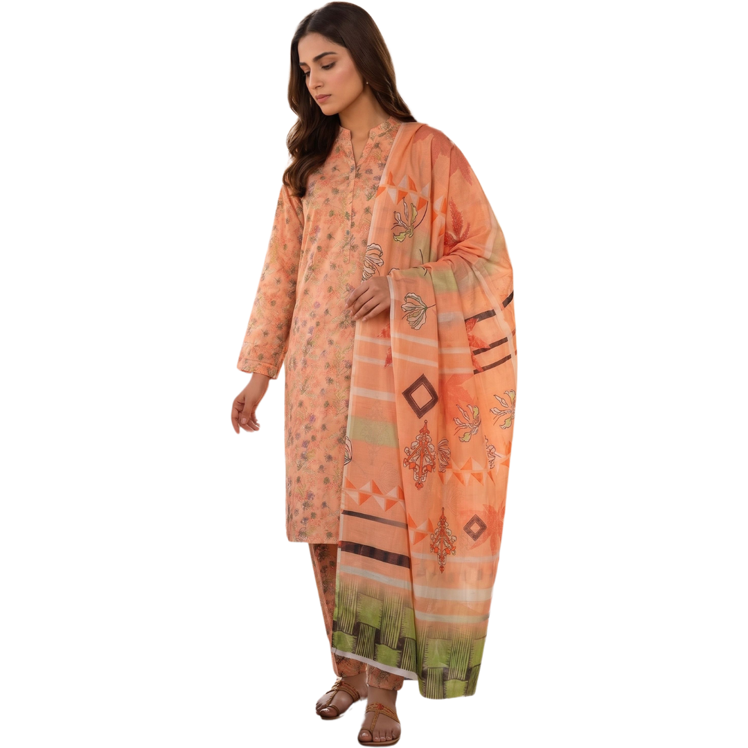 Sunset Peach Digital Allover Print Lawn Suit 3pc desighn 09