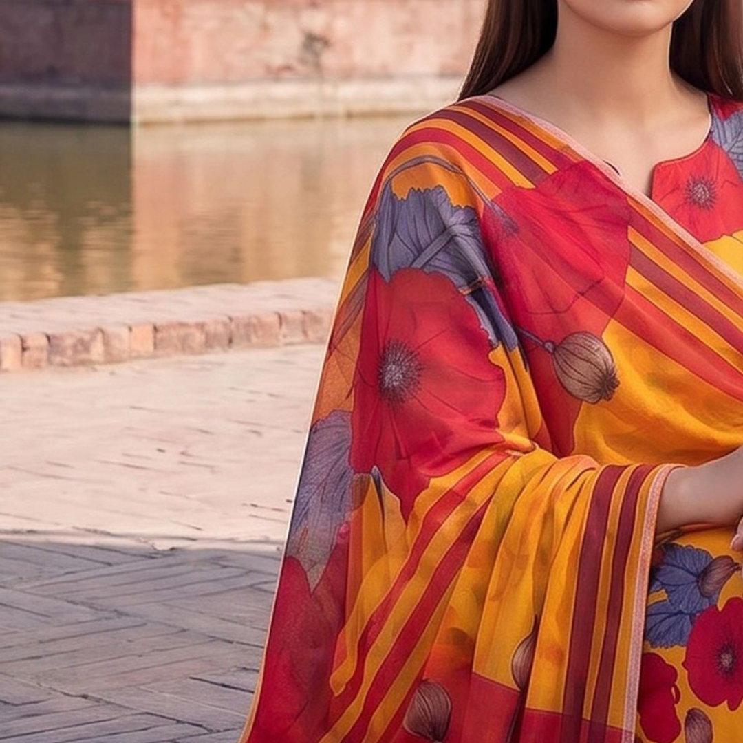 Seamless Elegance | Mustard & Poppy Red Allover Print 3-PC | Premium Lawn & Bamber Dupatta - Design 09
