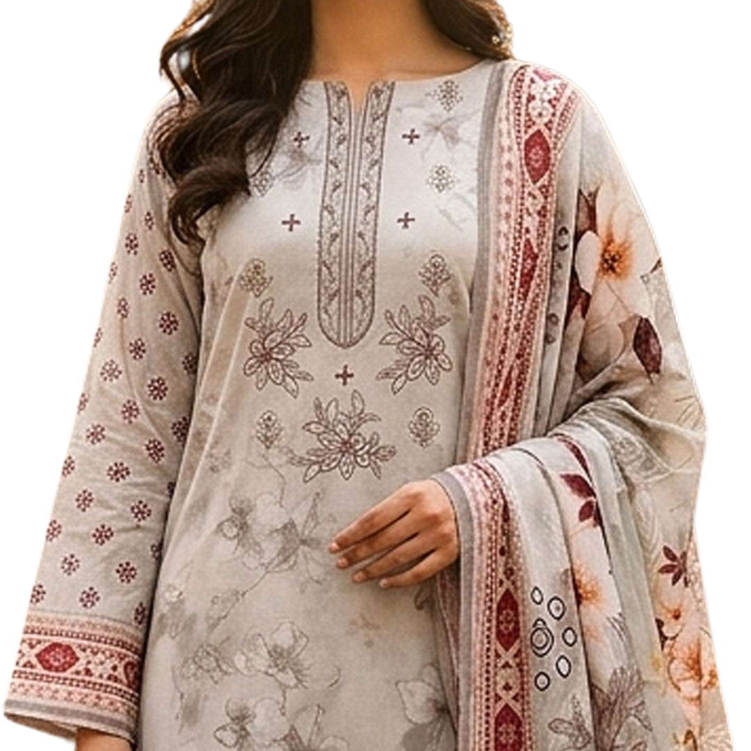 Artisanal Threads: Vintage Grey & Maroon Embroidered Premium Lawn Suite (Vol. 622)