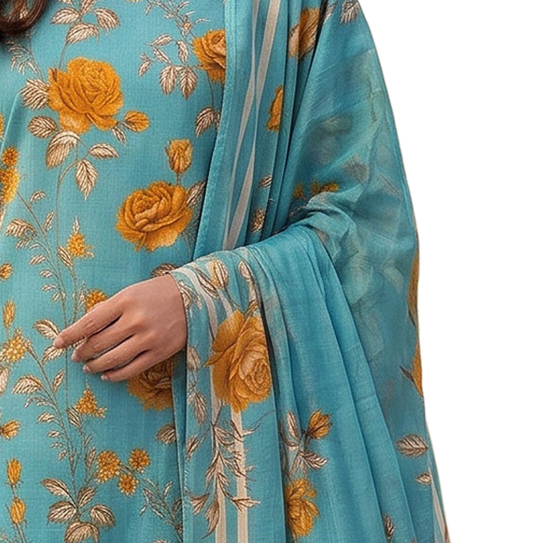 Seamless Elegance | Teal & Gold Rose Allover Print 3-PC | Premium Lawn & Bamber Dupatta - Design 07