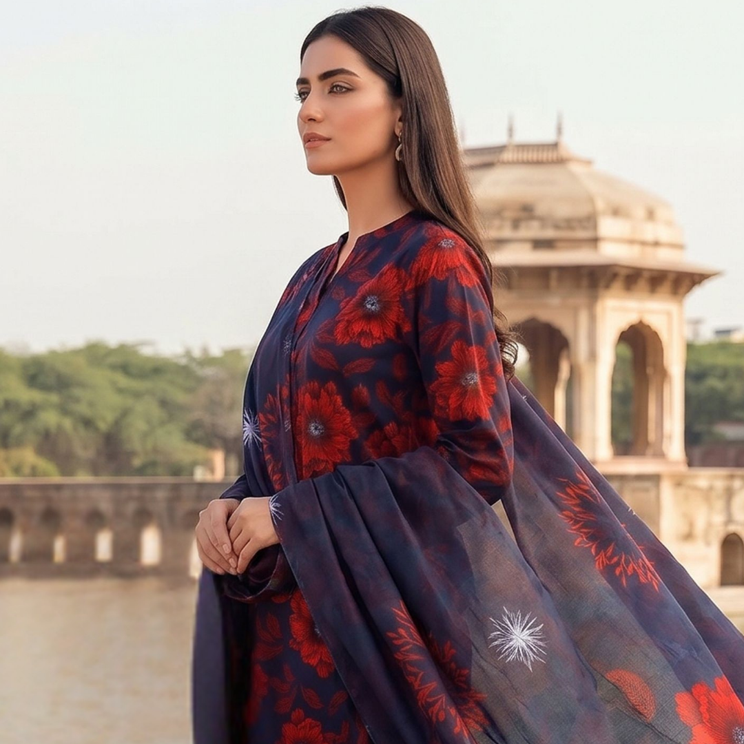 Seamless Elegance | Midnight Black & Scarlet Allover Print 3-PC | Premium Lawn & Bamber Dupatta - Design 03