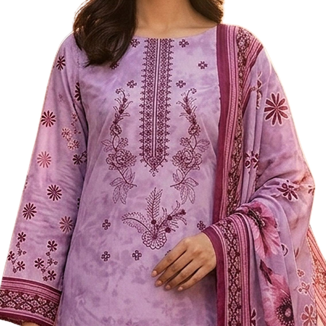Artisanal Threads: Radiant Plum Embroidered Premium Lawn Suite (Vol. 622)