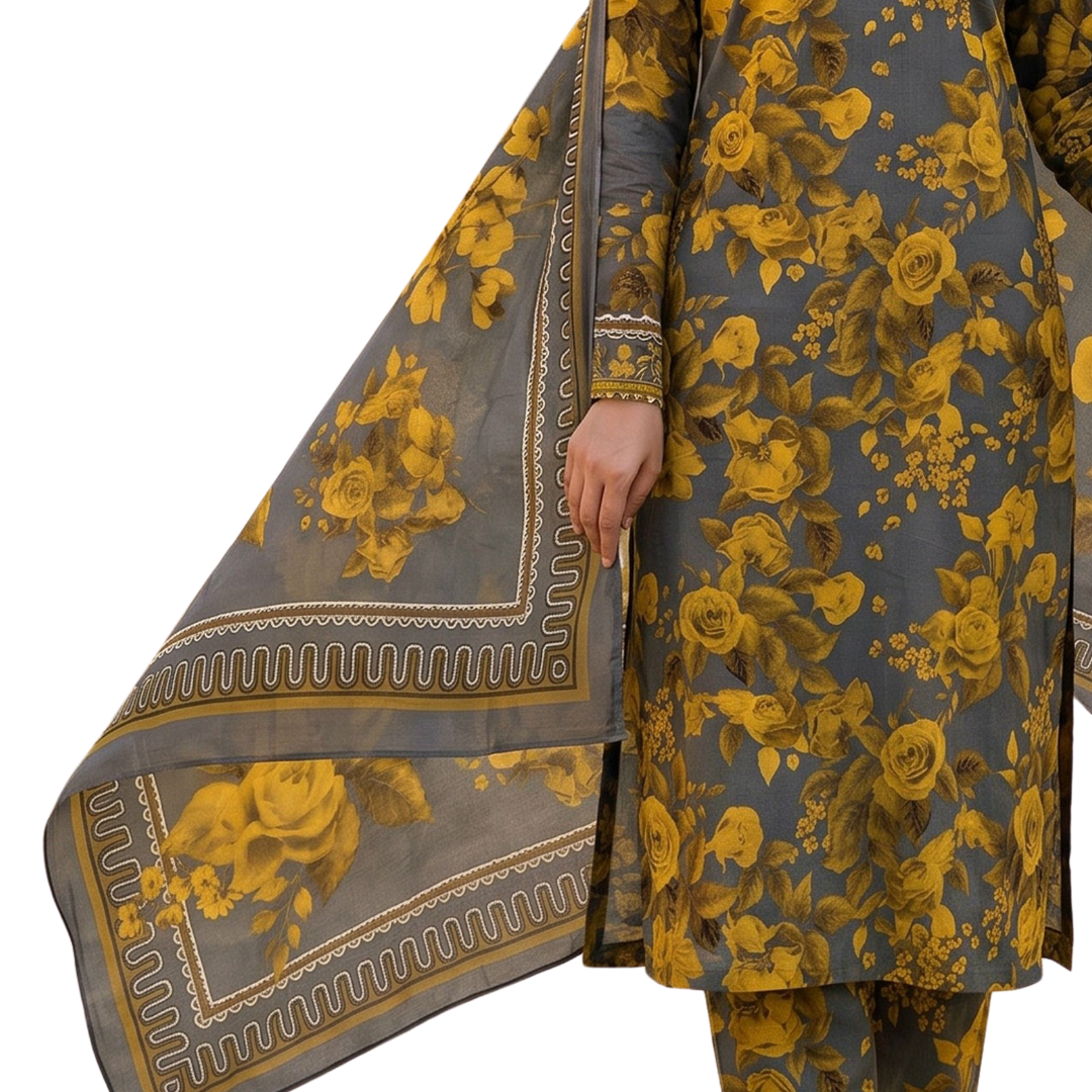 Charcoal & Mustard Botanica 3-Piece – Premium Lawn