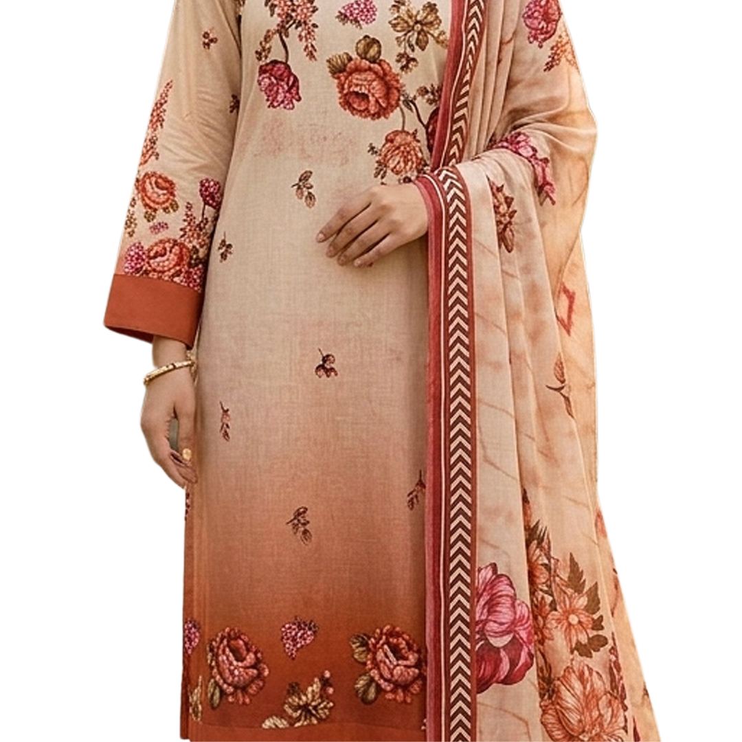 Bold & Textured | Peach Ombre Premium Lawn 3-PC | Digital Bold Print - Design 03