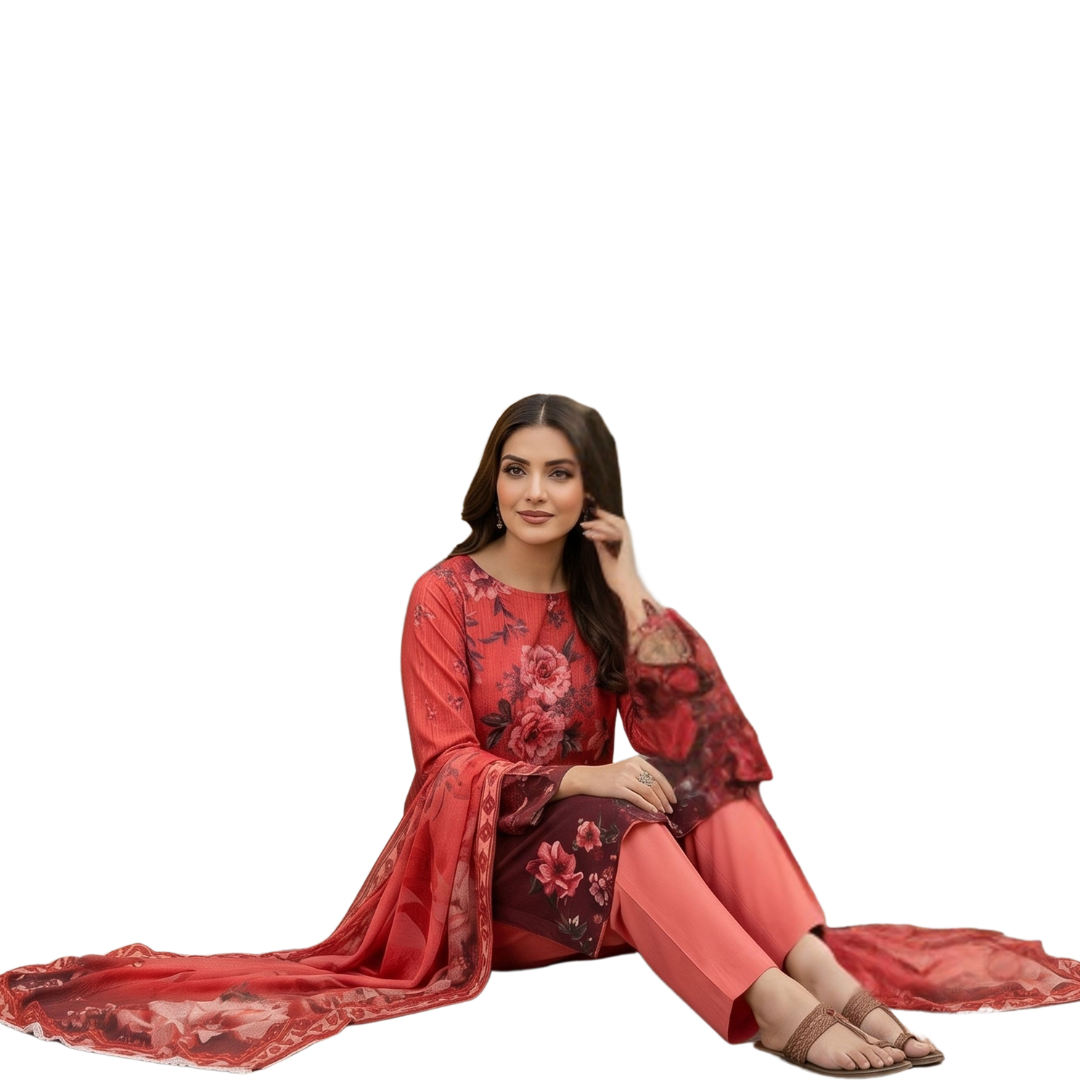 Bold & Textured | Crimson & Maroon Ombre Premium Lawn 3-PC | Digital Bold Print - Design 07