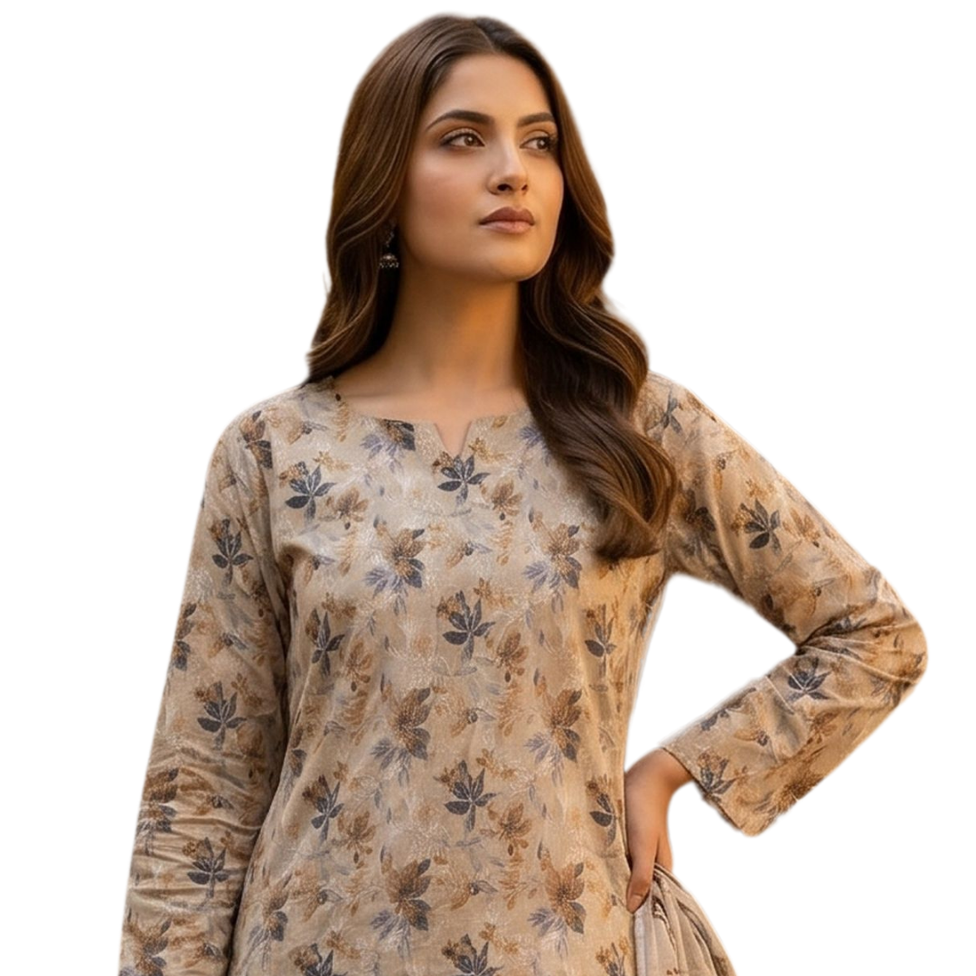Neutral Floral Digital Allover Print Lawn Suit 3pc desighn 02