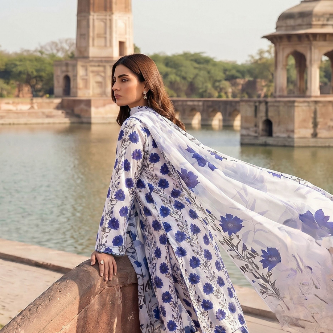 Seamless Elegance | Cobalt Blue Allover Print 3-PC | Premium Lawn & Bamber Dupatta - Design 01