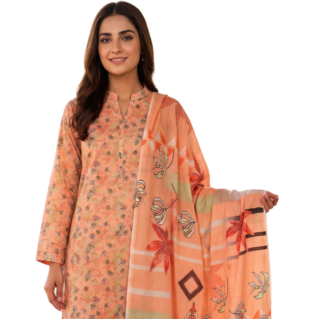 Sunset Peach Digital Allover Print Lawn Suit 3pc desighn 09