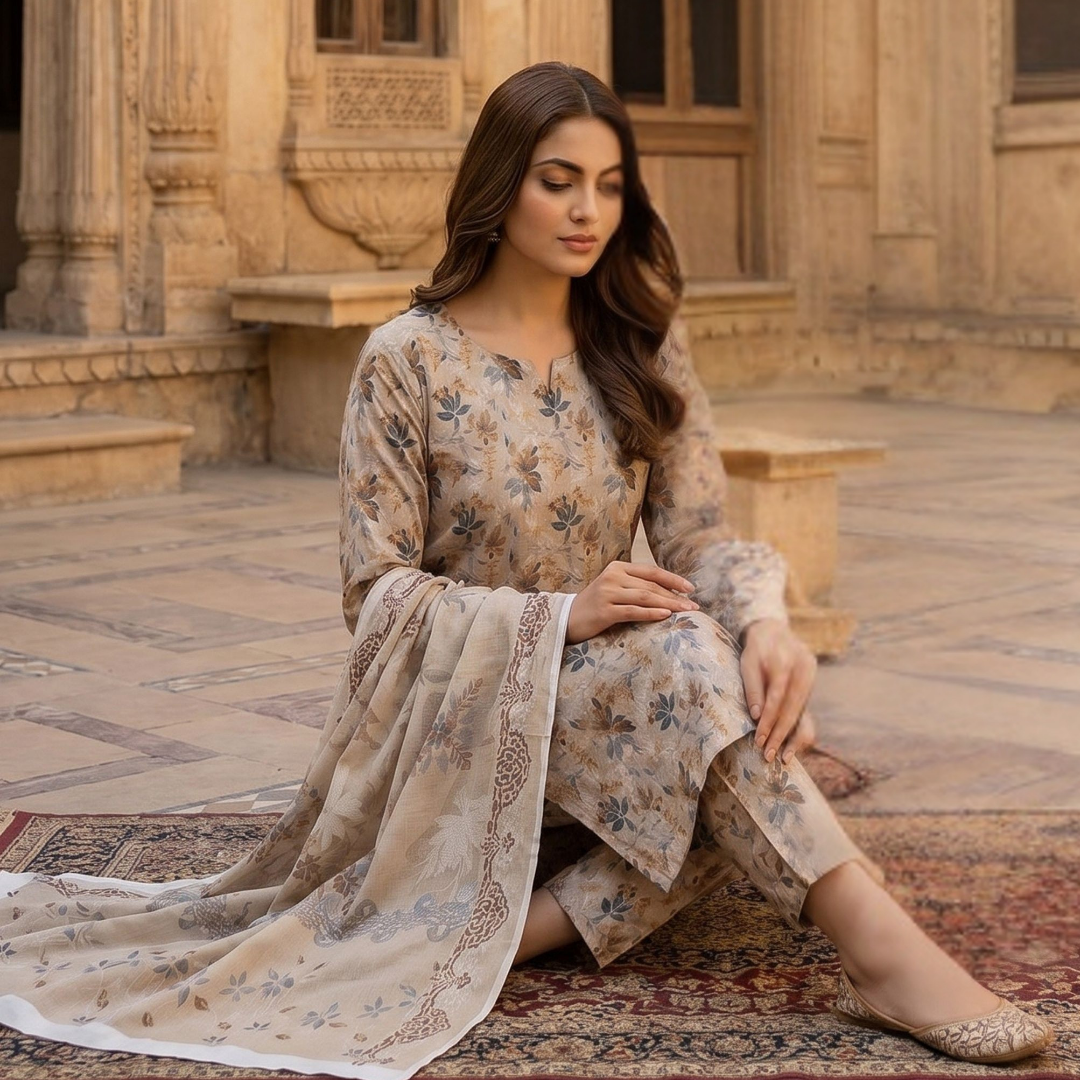 Neutral Floral Digital Allover Print Lawn Suit 3pc desighn 02