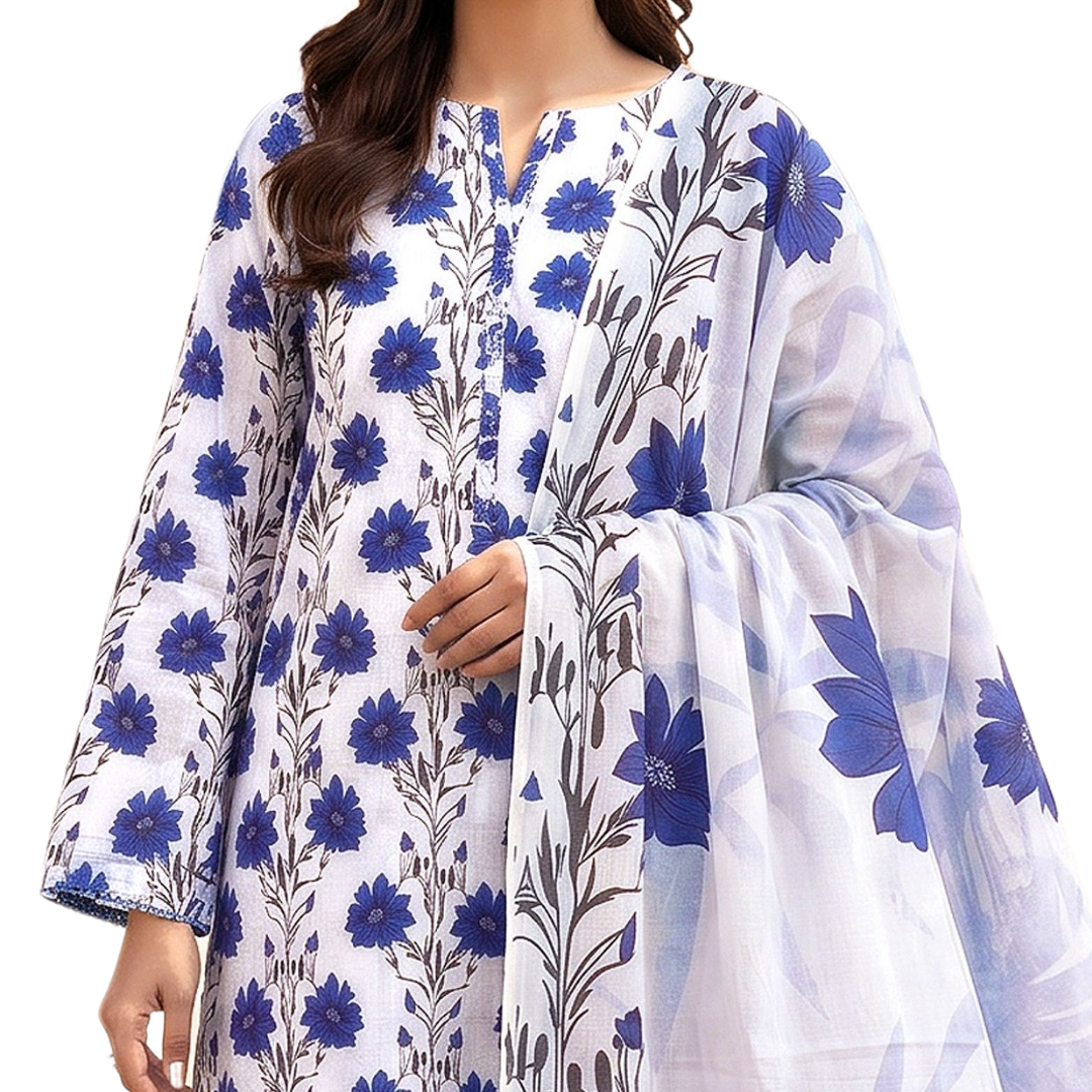 Seamless Elegance | Cobalt Blue Allover Print 3-PC | Premium Lawn & Bamber Dupatta - Design 01