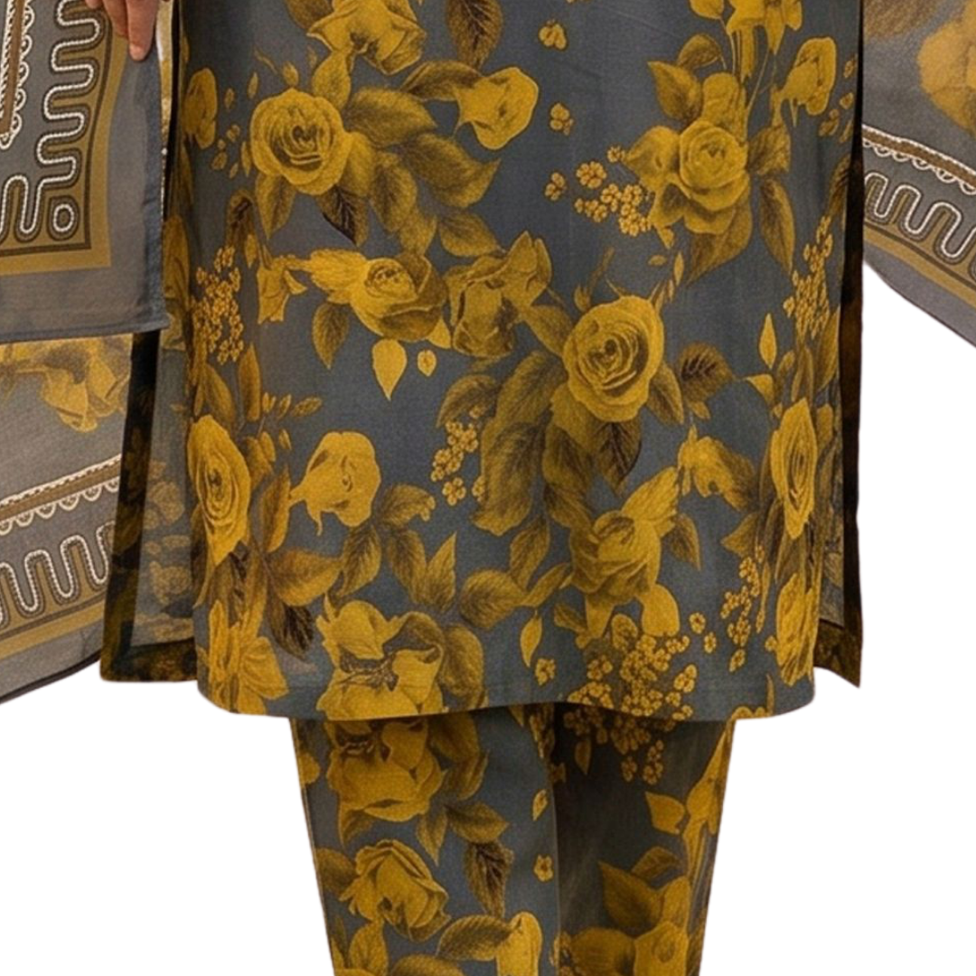Charcoal & Mustard Botanica 3-Piece – Premium Lawn