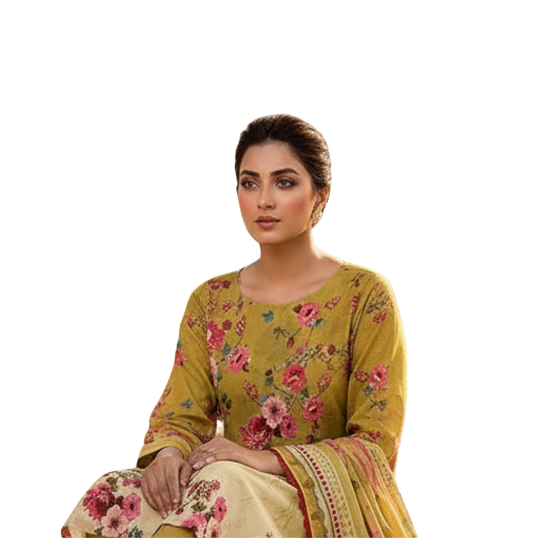 Bold & Textured | Olive & Ochre Premium Lawn 3-PC | Digital Bold Print - Design 05