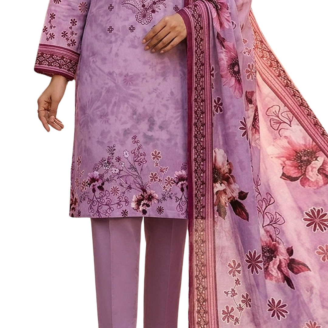 Artisanal Threads: Radiant Plum Embroidered Premium Lawn Suite (Vol. 622)