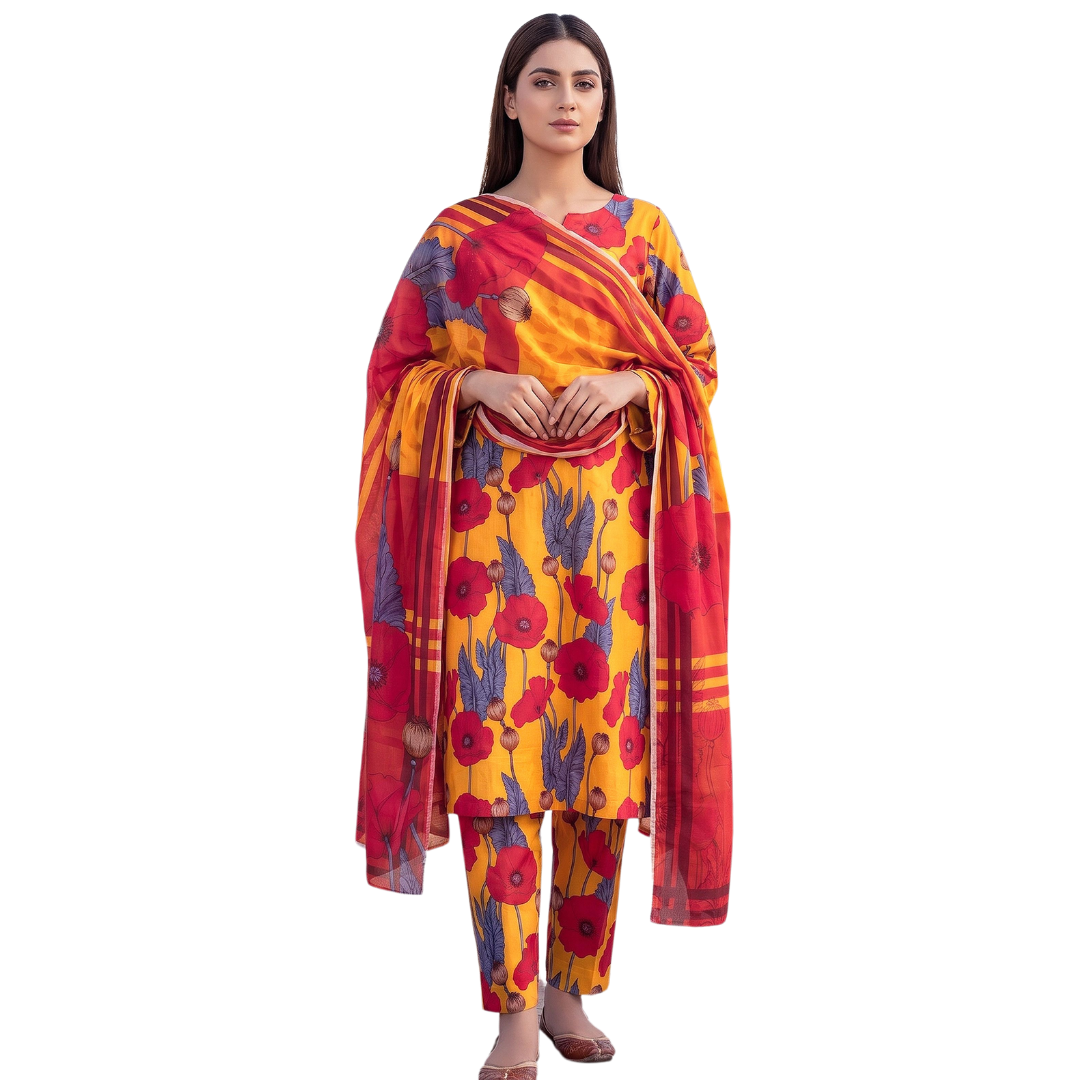 Seamless Elegance | Mustard & Poppy Red Allover Print 3-PC | Premium Lawn & Bamber Dupatta - Design 09