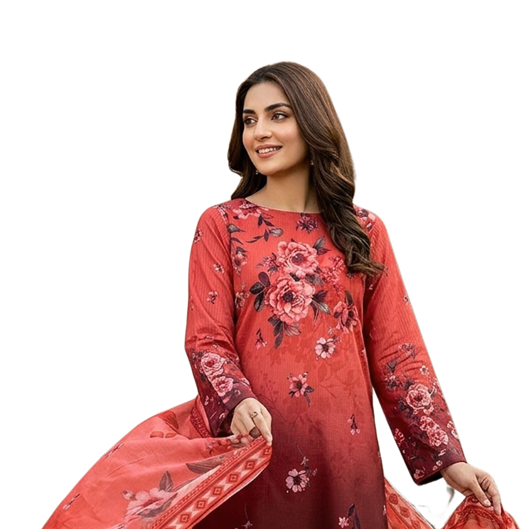 Bold & Textured | Crimson & Maroon Ombre Premium Lawn 3-PC | Digital Bold Print - Design 07