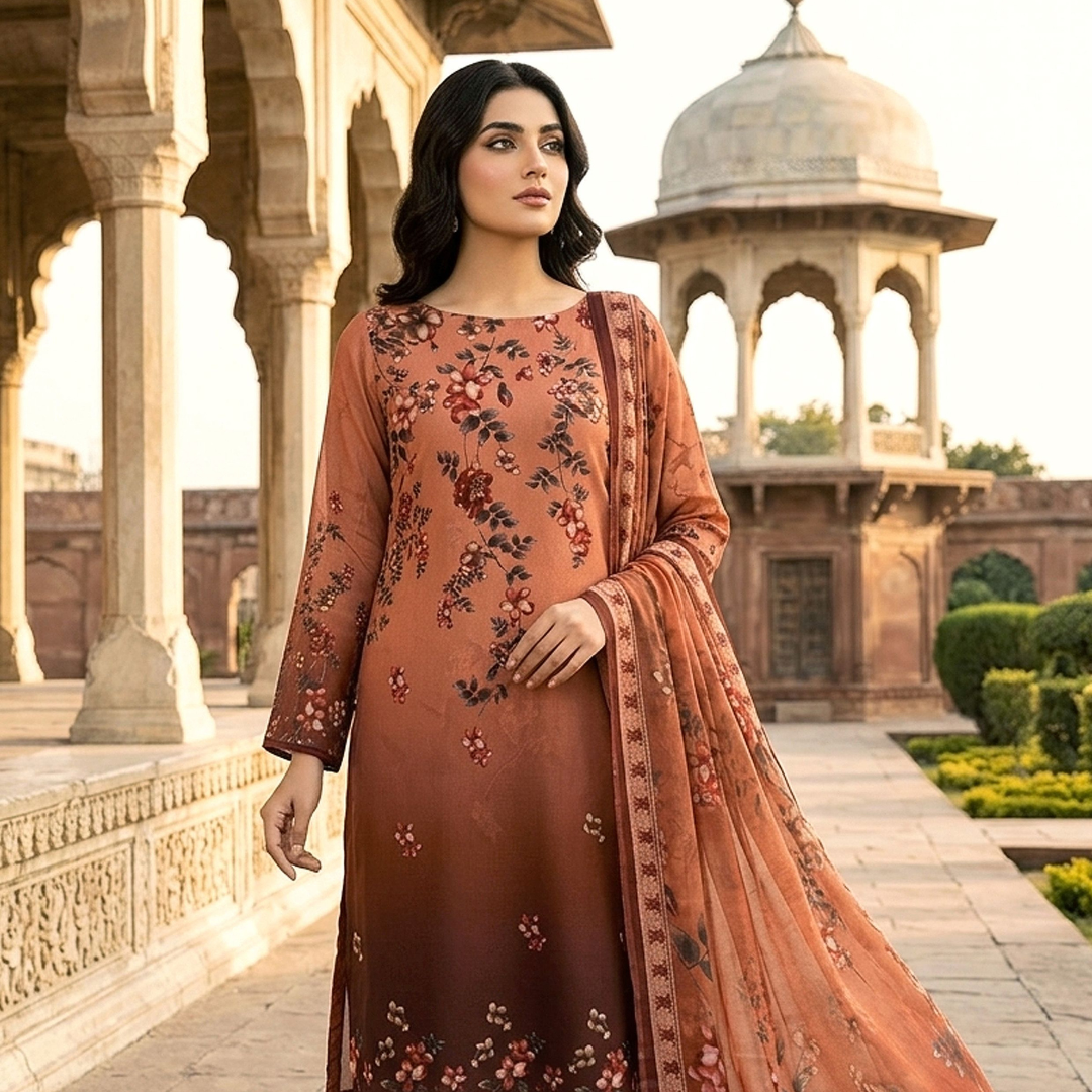 Bold & Textured | Terracotta Ombre Premium Lawn 3-PC | Digital Bold Print - Design 02
