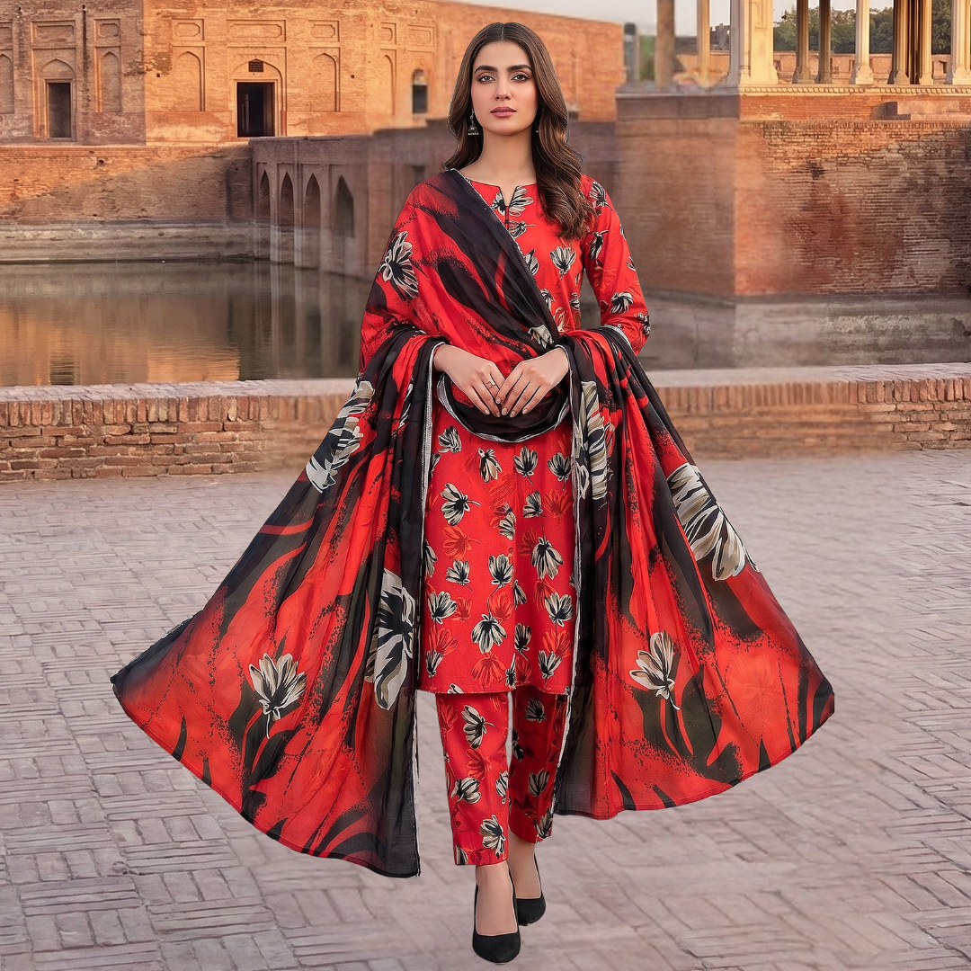 Seamless Elegance: Red & Black Floral Allover Print Premium Lawn (Vol. 636) Design 06
