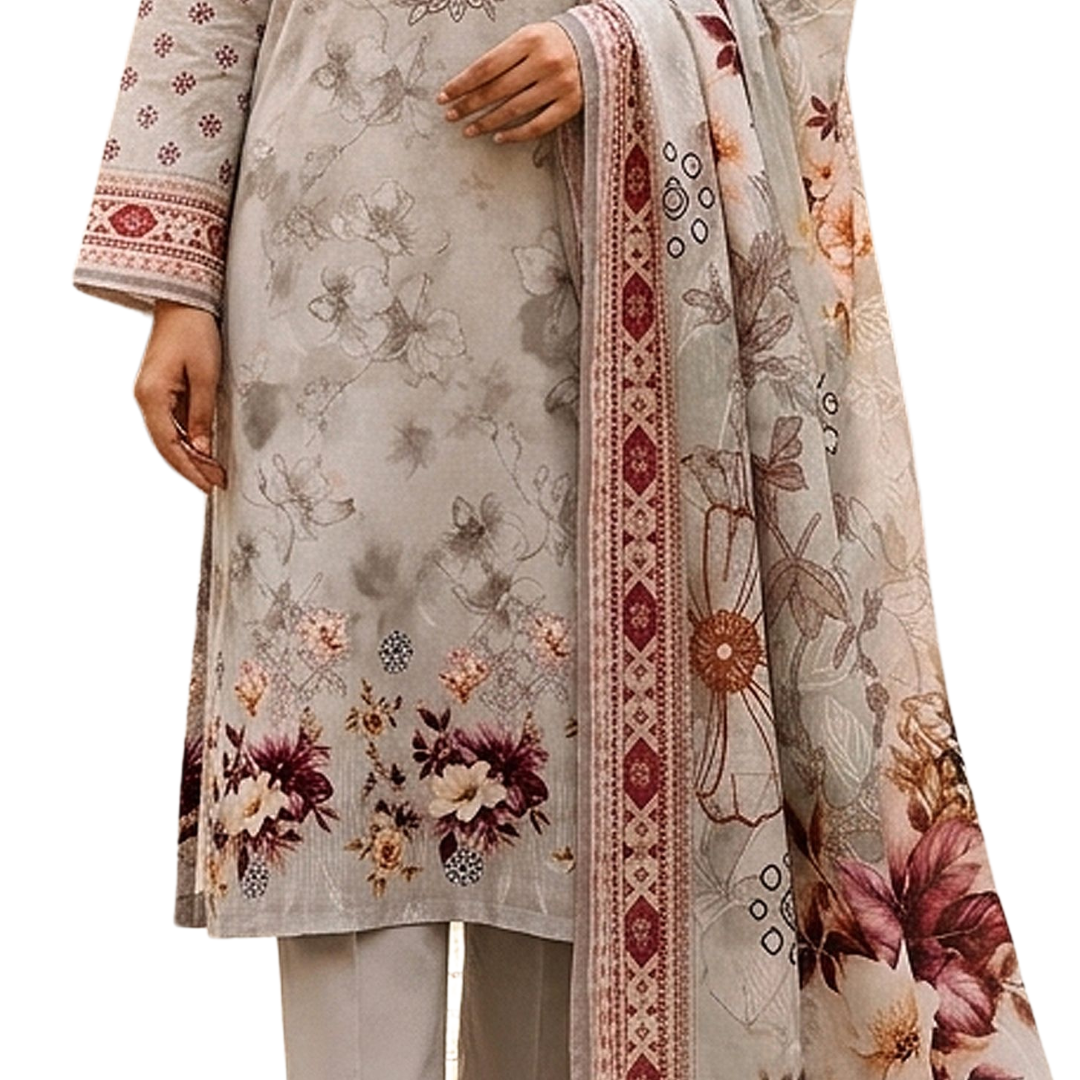 Artisanal Threads: Vintage Grey & Maroon Embroidered Premium Lawn Suite (Vol. 622)