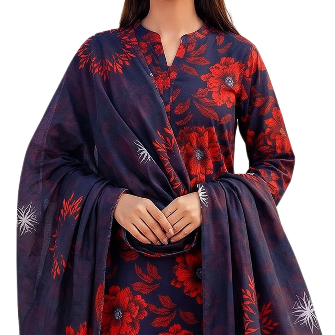 Seamless Elegance | Midnight Black & Scarlet Allover Print 3-PC | Premium Lawn & Bamber Dupatta - Design 03