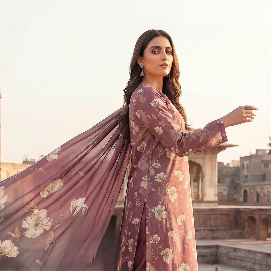 Seamless Elegance | Plum & Cream Allover Print 3-PC | Premium Lawn & Bamber Dupatta - Design 10