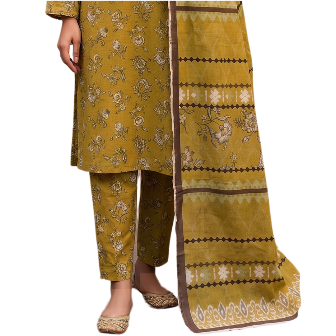 Mustard Vintage Floral Digital Allover Print Lawn - Vol 630 | Design 04