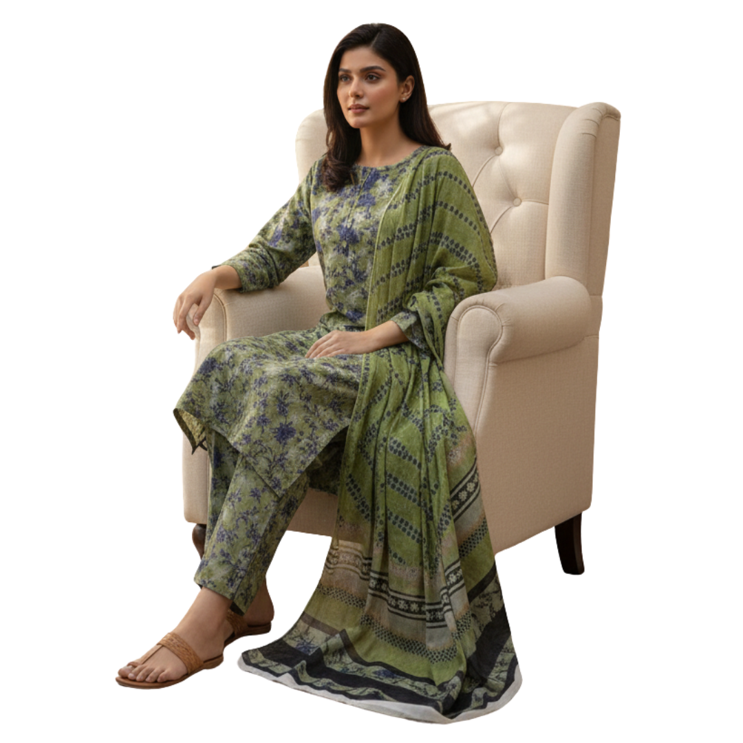 Moss Green & Indigo Floral Digital Allover Print Lawn 3pc suit Desighn 07