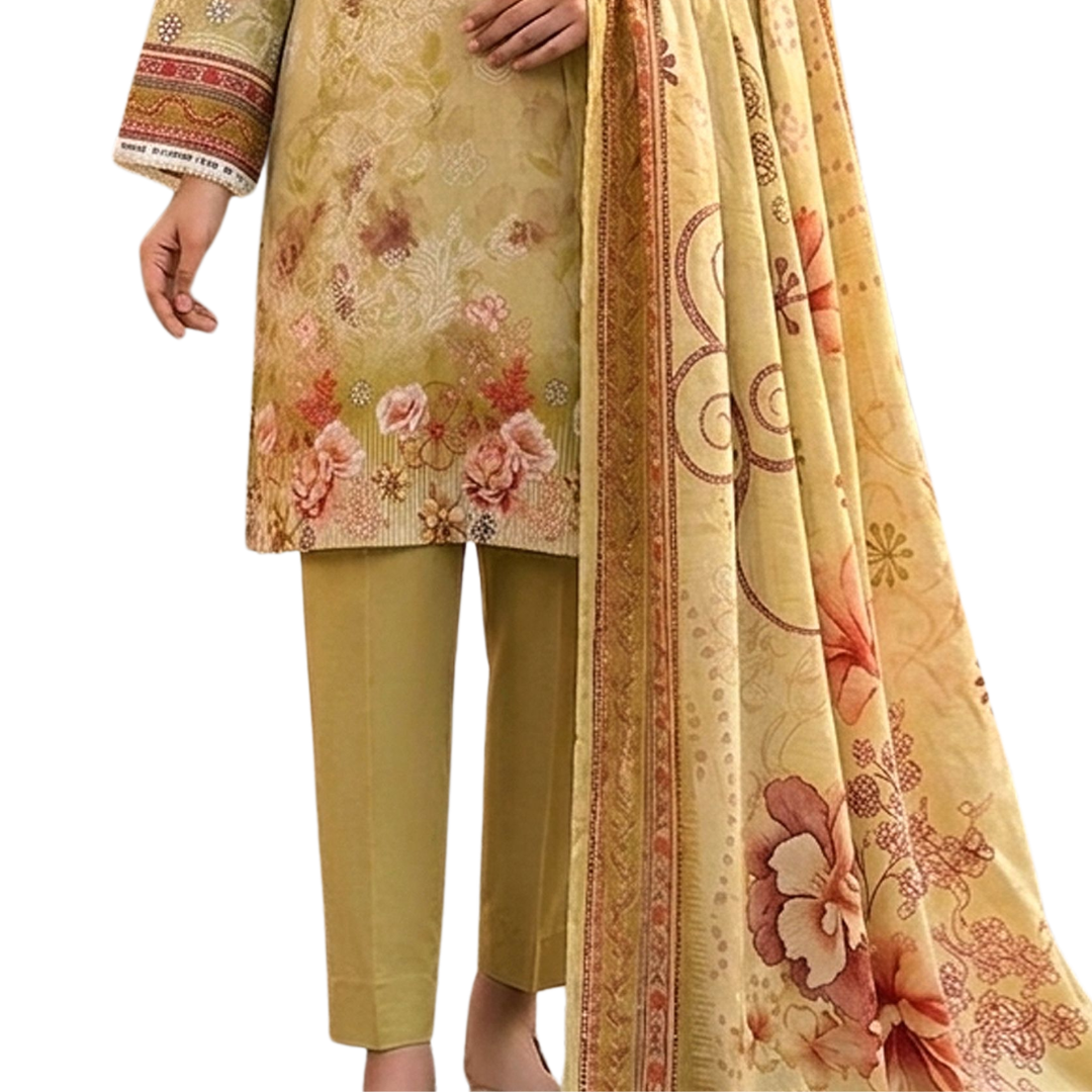 Artisanal Threads | Mustard Premium Lawn 3-PC | Digital Print & Embroidered Neckline - Desi 622gn 04