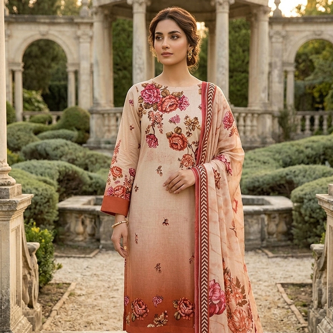 Bold & Textured | Peach Ombre Premium Lawn 3-PC | Digital Bold Print - Design 03