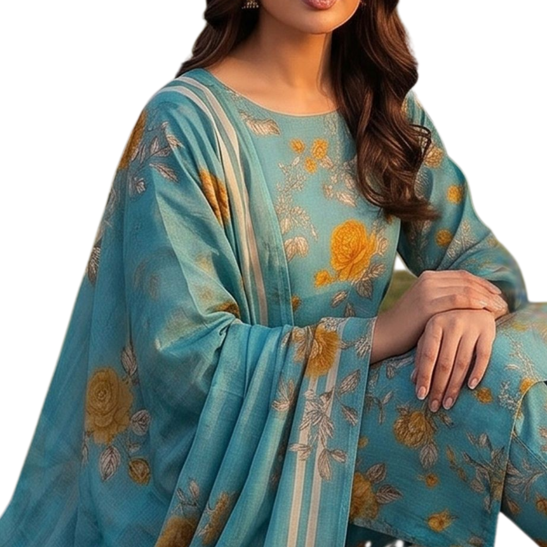 Seamless Elegance | Teal & Gold Rose Allover Print 3-PC | Premium Lawn & Bamber Dupatta - Design 07