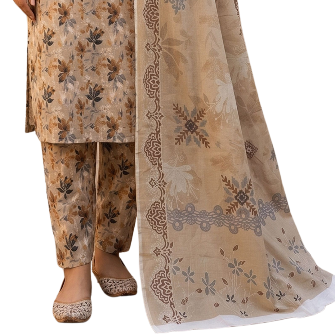 Neutral Floral Digital Allover Print Lawn Suit 3pc desighn 02
