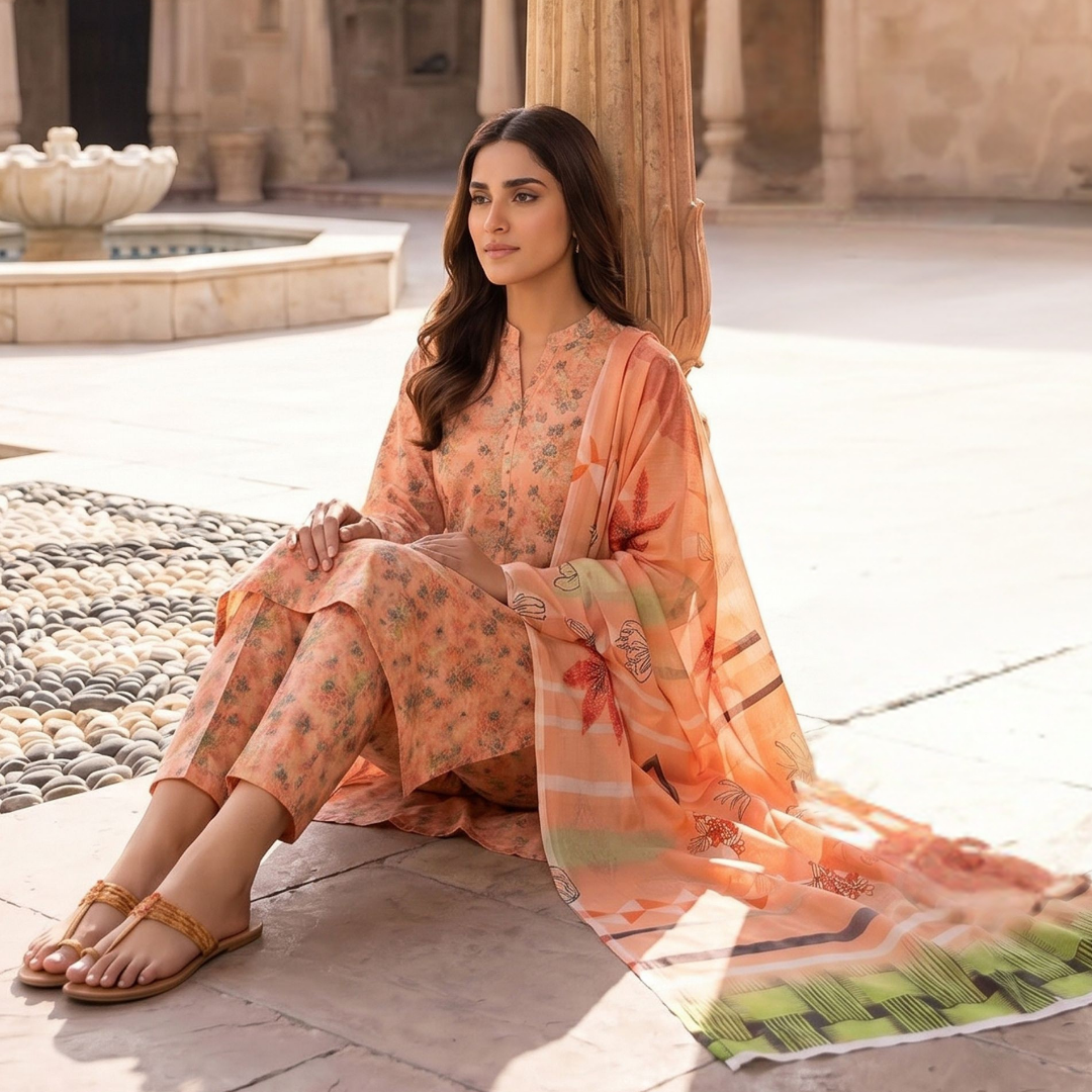 Sunset Peach Digital Allover Print Lawn Suit 3pc desighn 09
